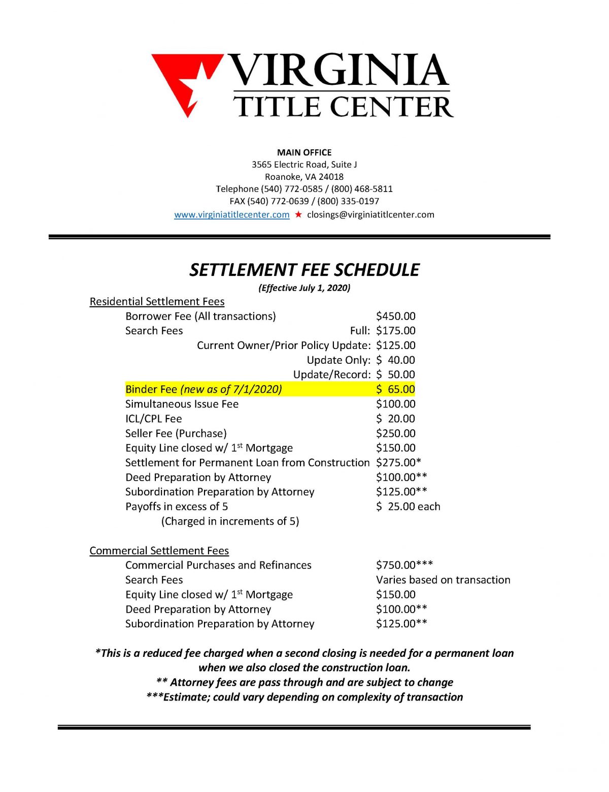 Binder Fee Adjustment Effective July 1, 2020 Virginia Title Center
